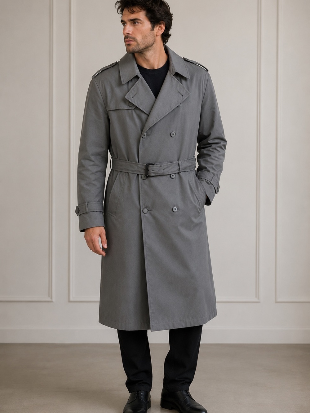 Stanley Blacker Trench Coat Size 44R Gray Belted Removable Faux Fur Lining USA